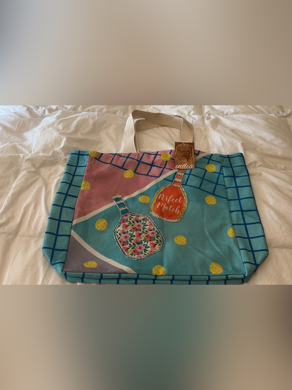Canvas 'Perfect Match' hand beaded pickleball Tote